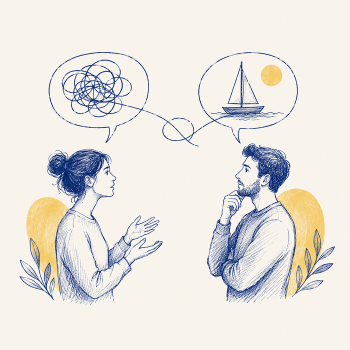 Duas pessoas conversando com mensagens distorcidas